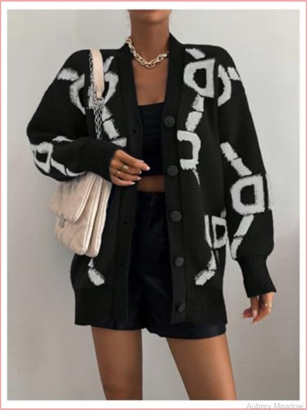 Button Up V Neck Lantern Sleeve Graphic Cardigan Loose Outerwear - Picture 4 of 5